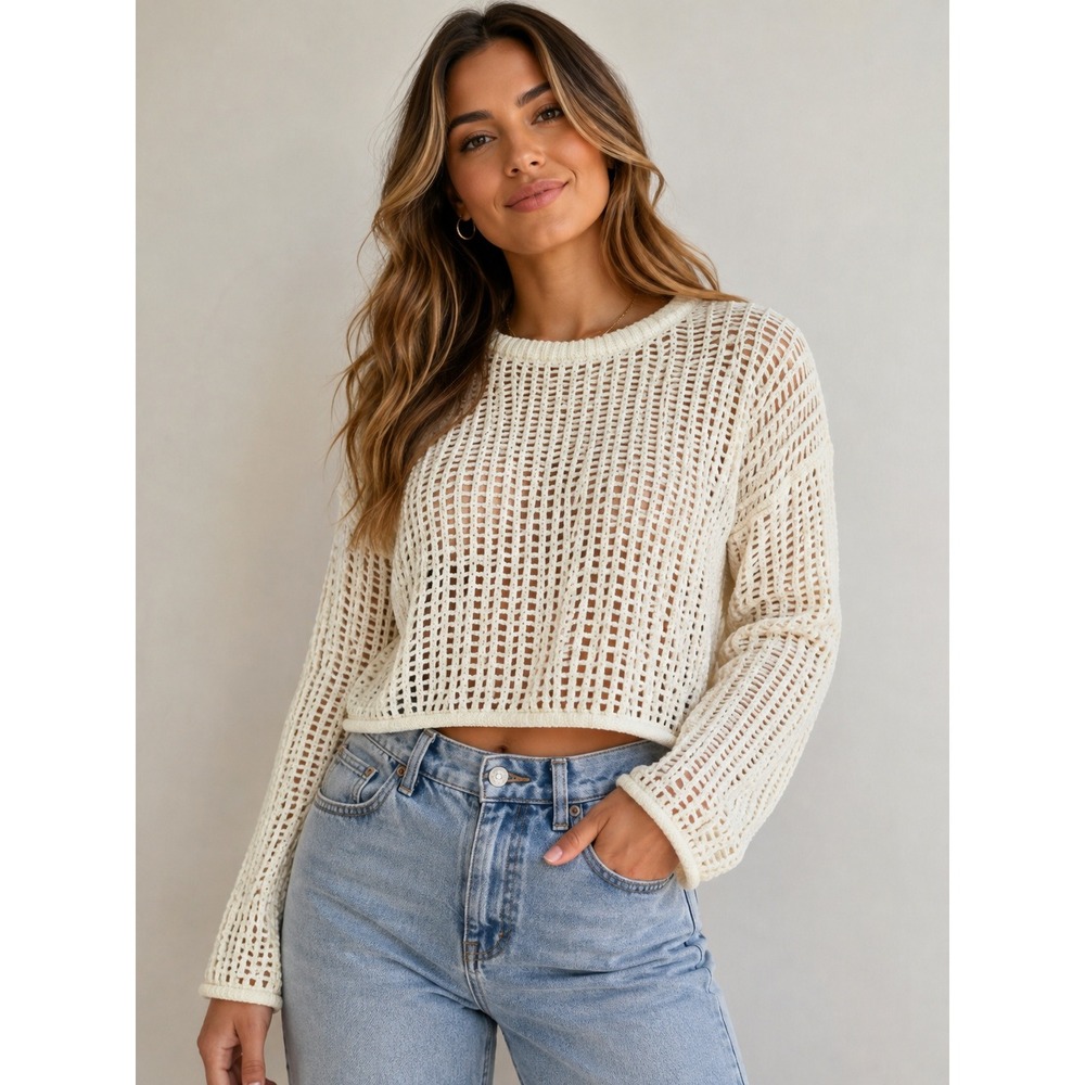 Fisherman Crochet Knit Sweater Women S Cream Open Weave Boho Festival Coastal